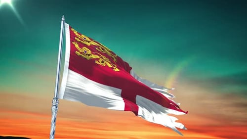 Dynamic Waving Flag with Heraldic Lions and Red Cross