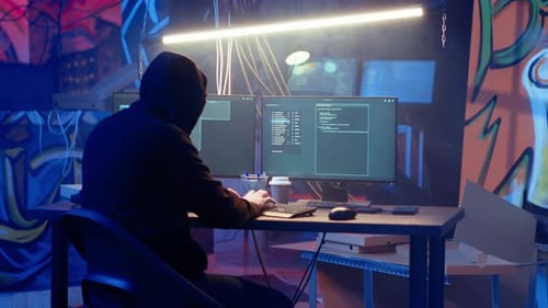 Hooded Hacker Leaving Neon Lit Underground Shelter After Launching DDoS Attack