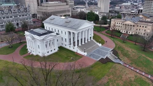 Virginia capitol building. Aerial orbit shot in downtown Richmond, VA during winter.