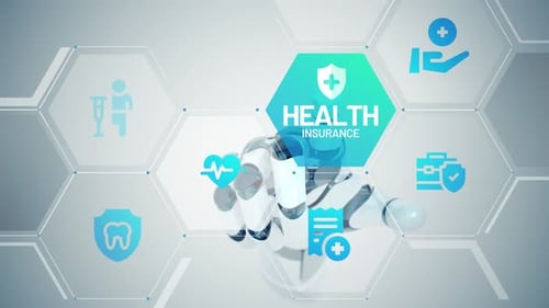 Futuristic Health Insurance Concept with Robot Hand and Digital UI