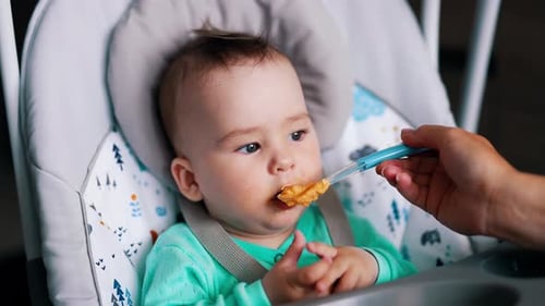 Adorable Infant Being Fed in High Chair