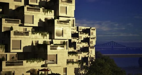 Diseño arquitectónico único de apartamentos modernos cerca del río y el puente