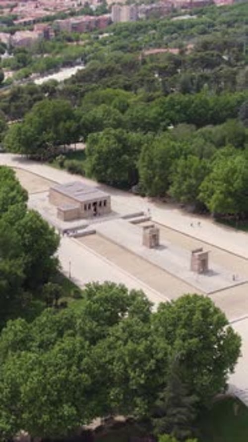 Vertical Aerial Circling of Temple of Debod, Madrid