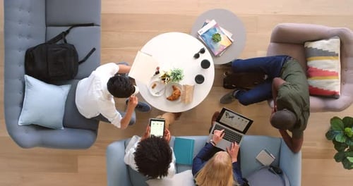 Project management, business meeting or creative teamwork in office with technology