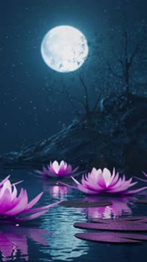 Loop Lotus Flowers on a Magical Night on the Water Against the Backdrop of the Moon
