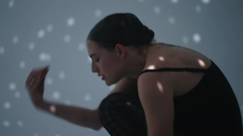 Attractive Brunette Woman Dancing Passionately In Studio Modern Ballerina Rehearsing