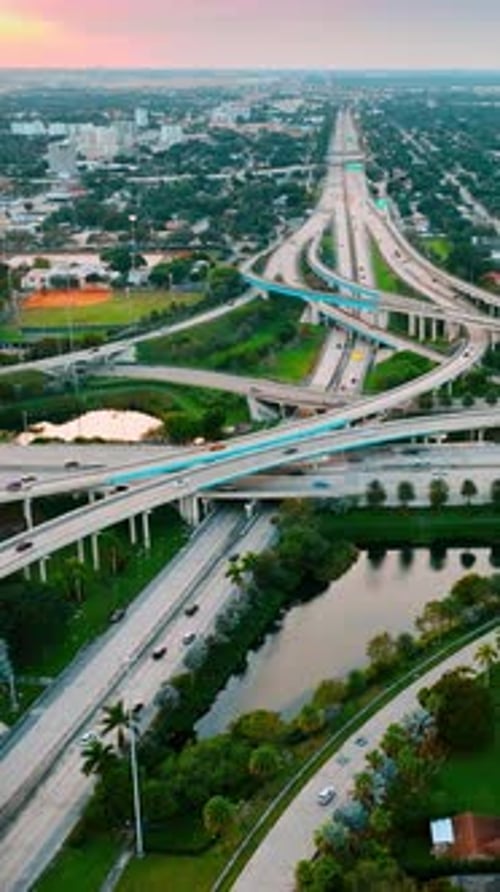 Freeways and highways crossing and intertwining in the downtown of the metropolis.