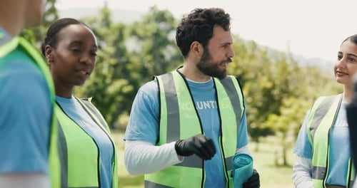 Speaking, volunteer or people in park with trash bag, social responsibility