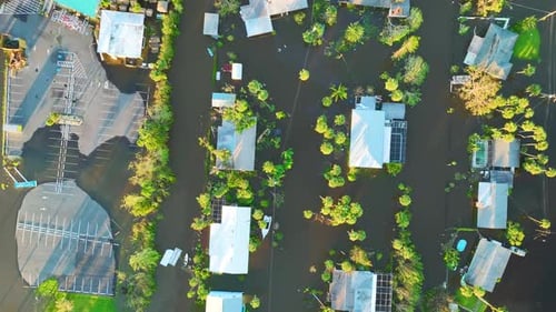 Flooded Houses By Hurricane Ian Rainfall in Florida Residential Area