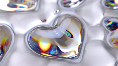 3D Animation of Iridescent Glass Hearts Inflating and Floating on a Reflective Surface