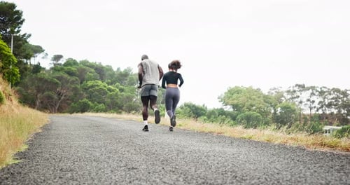 People, running and uphill on mountain or exercise from behind for cardio practice