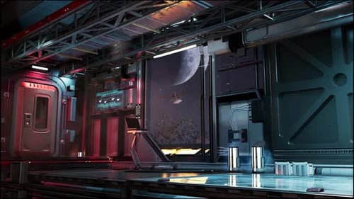 Futuristic Space Corridor With A View Of The Moon. 3D Animation