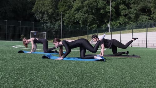 Women Exercise Together on a Green Field