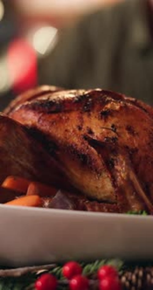 Roasted Turkey Dinner With Carrots on Holiday Table