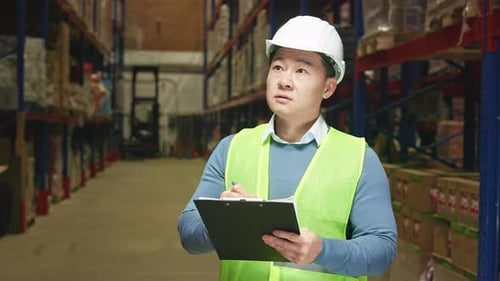 Warehouse Manager with Clipboard Inspecting Supplies