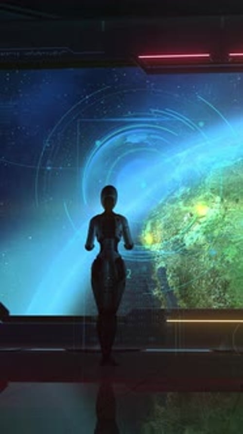 Futuristic Robot Interacting with Earth Hologram in Space Station