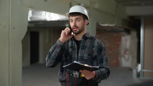 Man Builder Foreman Engineer Talking Mobile Phone on Construction Site Problem Building Industry