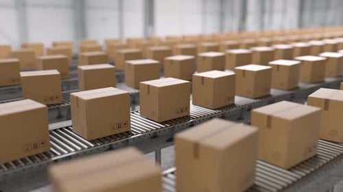 Kartons, die sich auf dem Lagerförderband bewegen