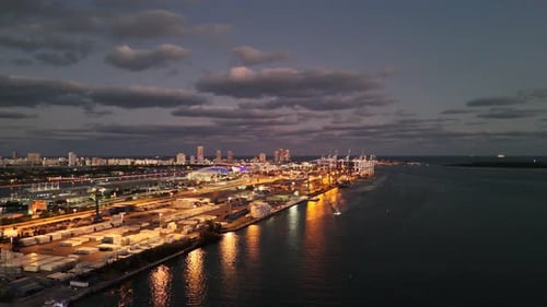Port of Miami in the Evening Lights at Dusk Beautiful Seaport Against the Night Sky