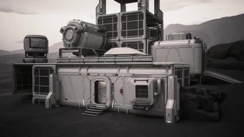 Colonist Base Established on a Distant Planet with Rugged Terrain and Machinery