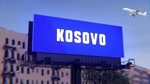 Kosovo Road Sign With A Street Billboard And An Airplane Taking Off In The Background