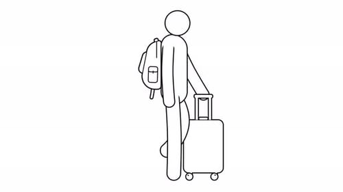 Stickman walks with travel suitcase and backpack