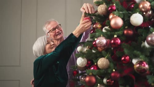 Senior Couple Decorates Christmas Tree Together