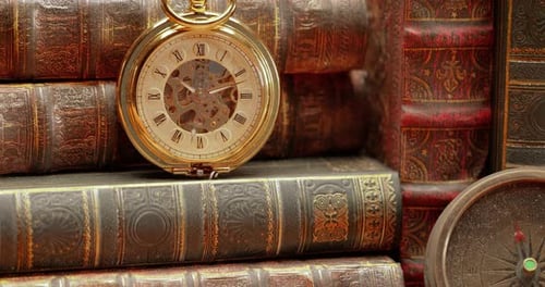 Gold Pocket Watch and Books with Antique Compass