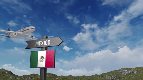 Mexico Flag With Airplane And Arrow Sign