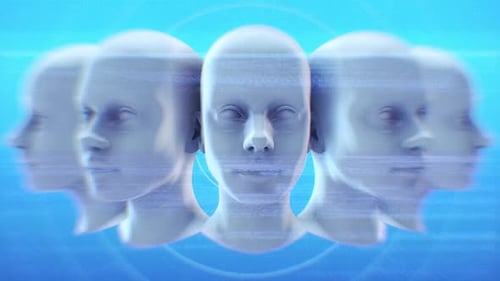 Futuristic Digital Heads Rotating with Changing Expressions