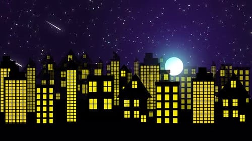 City Landscape Night View With Moon Rising And Blinking Stars Moving In The Sky. Night City Cartoon