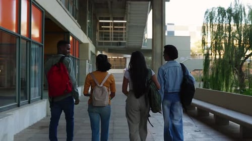 Young Group of American Students Leaving the University Campus After Classes