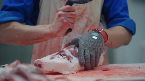 At a Meat Factory a Worker Cuts Meat with a Knife to Produce Sausage