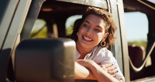 Window, road trip and woman in car, tourism and excited for journey in vehicle