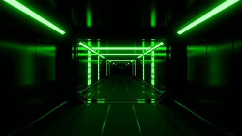 View inside of rectangular shaped underground tunnel with neon lighting