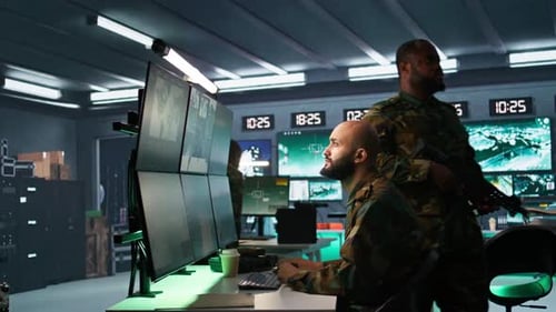 Soldier Doing Tasks in Military Base Doing Surveillance with Radar Equipment