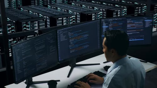 Side View Of Asian Man Developer Using Computer To Write Code In Data Center
