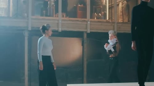 Side View Concentrated Stage Director Watching Actors Walking on Backstage Rehearsing Roles