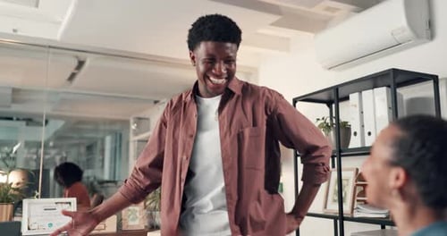 Excited, applause and high five with people in office with achievement, deal and computer