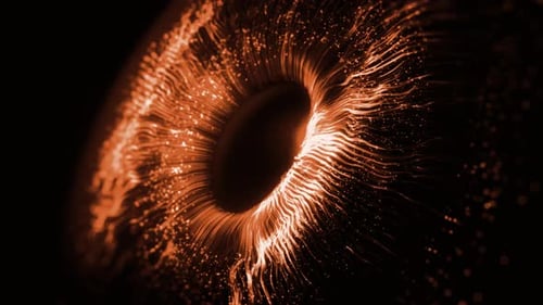 Digitale Irisverbindungen der Augen, orange Farbe, abstrakter Irisexplosionshintergrund