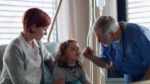 Doctor Examining a Small Hospitalized Girl with Mother in Hospital