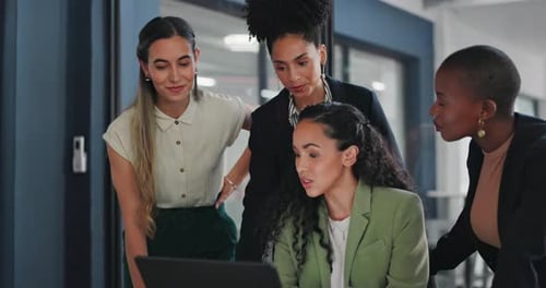 Laptop, group teamwork and diversity women review financial portfolio feedback
