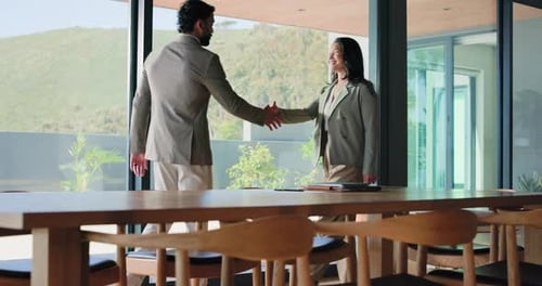 Handshake, welcome and business people in office for meeting, b2b collaboration and negotiation