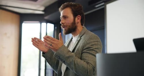 Conference, speech and presentation with business man at event for broker workshop