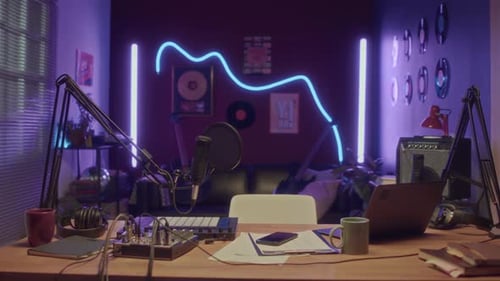 Home Recording Studio with Professional Musicians Gear at Night