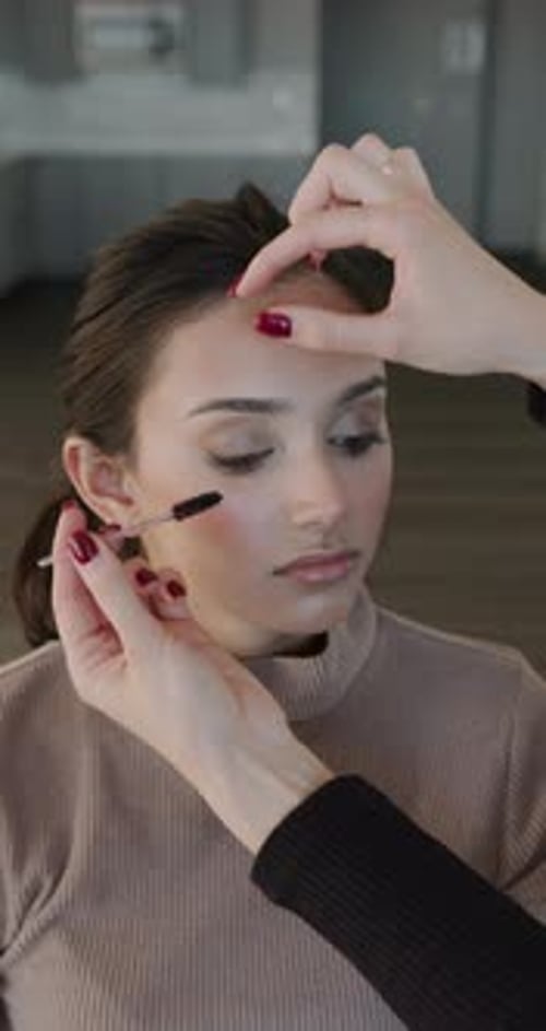 Makeup Process Applying Mascara to Eyelashes with an Individual Disposable Brush Use of Disposable