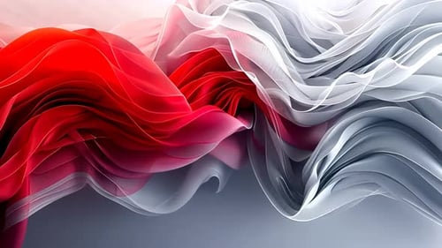 Abstract flowing fabrics in vibrant red and cool gray. Fluid, dynamic, and elegant textile forms