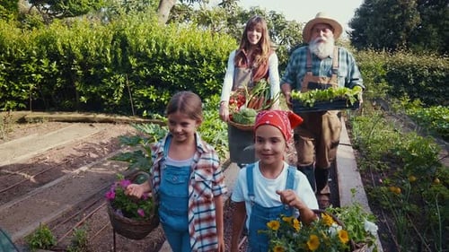 Family Gardeners Walking with Flowers and Vegetables in Garden