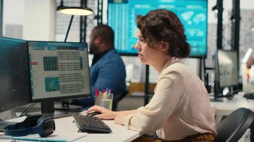 Stressed Woman Advisor Looks at Stock Crash Trends Market Fall