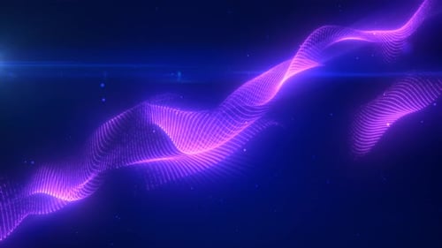 Purple energy futuristic waves with light rays and energy particles